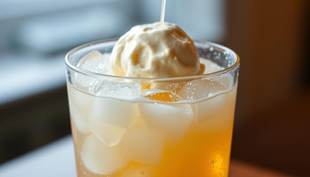 chilled glass and ice cream float preparation
