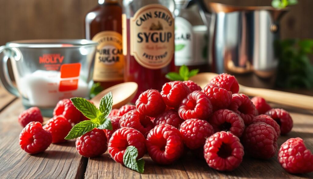 raspberry syrup ingredients and tools