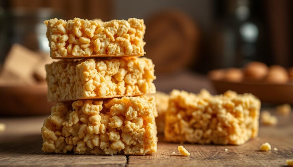 A close-up shot of freshly made brown butter rice krispie treats, with a warm, golden glow. The treats are stacked on a rustic wooden surface, their crisp edges and gooey centers illuminated by soft, diffused lighting. The rich, nutty aroma of the browned butter permeates the scene, adding depth and complexity to the classic snack. In the background, a blurred, cozy kitchen setting hints at the comforting atmosphere. The image conveys the transformative power of brown butter, elevating the humble rice krispie treat into a decadent, artisanal delight. A close-up shot of freshly made brown butter rice krispie treats, with a warm, golden glow. The treats are stacked on a rustic wooden surface, their crisp edges and gooey centers illuminated by soft, diffused lighting. The rich, nutty aroma of the browned butter permeates the scene, adding depth and complexity to the classic snack. In the background, a blurred, cozy kitchen setting hints at the comforting atmosphere. The image conveys the transformative power of brown butter, elevating the humble rice krispie treat into a decadent, artisanal delight.
