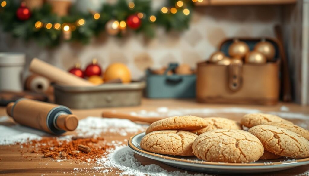 A cozy kitchen counter, dusted with flour, plays host to a lively display of holiday baking traditions. In the foreground, a plate of freshly baked, golden-brown Ginger Ale Spice Snickerdoodle cookies, their cracked surfaces glistening with a sprinkling of sugar. Beside them, a rolling pin and a sprinkling of spices evoke the process of crafting these personal twists on a classic. In the middle ground, festive holiday decor, including a twinkling garland and a vintage tin filled with ornaments, sets the mood. The warm, soft lighting from overhead casts a gentle glow, highlighting the homemade charm of the scene. The background fades into a hazy, dreamlike quality, allowing the baking tradition to take center stage.