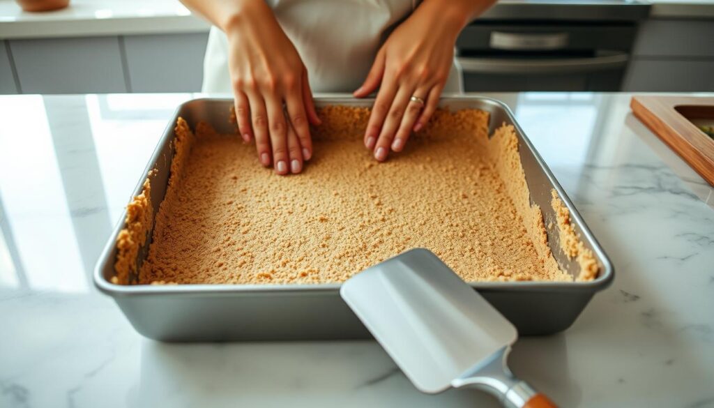 A gleaming kitchen counter with a smooth, unbaked graham cracker crust taking shape. Delicate hands gently press the crumb mixture into a square baking pan, creating an even, compact base. Soft light filters in from nearby windows, casting a warm glow over the scene. The rich, buttery aroma of the crust fills the air, enticing the senses. In the foreground, a spatula rests nearby, ready to smooth the surface and prepare the canvas for the luscious no-bake cheesecake filling to come. The overall atmosphere is one of calm, focused preparation, setting the stage for a decadent and effortless culinary creation.