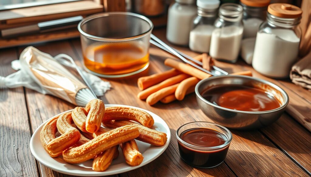 A rustic wooden table is illuminated by warm, natural light, showcasing an array of churro-making essentials. In the foreground, a plate holds freshly fried churros dusted with cinnamon sugar, alongside a small bowl of thick, rich chocolate sauce for dipping. In the middle ground, a piping bag filled with dough and a pair of churro frying tongs sit next to a deep-fryer, its golden oil glistening. In the background, a selection of baking ingredients, including flour, sugar, and cinnamon, are neatly arranged in glass jars, hinting at the process of crafting these beloved pastries. A rustic wooden table is illuminated by warm, natural light, showcasing an array of churro-making essentials. In the foreground, a plate holds freshly fried churros dusted with cinnamon sugar, alongside a small bowl of thick, rich chocolate sauce for dipping. In the middle ground, a piping bag filled with dough and a pair of churro frying tongs sit next to a deep-fryer, its golden oil glistening. In the background, a selection of baking ingredients, including flour, sugar, and cinnamon, are neatly arranged in glass jars, hinting at the process of crafting these beloved pastries.