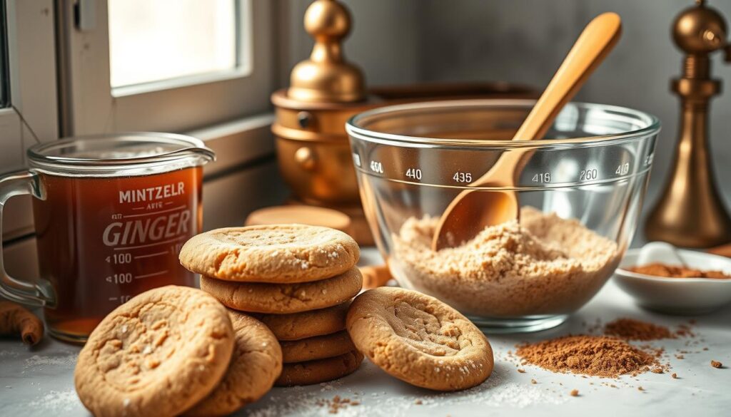 A still life arrangement capturing the essential ingredients for Ginger Ale Spice Snickerdoodles. In the foreground, a stack of flour-dusted ginger snap cookies, alongside a measuring cup filled with ginger ale and a bowl of freshly grated ginger. In the middle ground, a glass mixing bowl filled with a light brown sugar and cinnamon mixture, with a wooden spoon resting inside. In the background, a brass cookie tin, an old-fashioned egg beater, and a pile of ground cinnamon in a small ceramic dish, all illuminated by soft, natural lighting filtering through a window. The overall mood is cozy, warm, and inviting, evoking the comforting flavors of this seasonal baked treat.