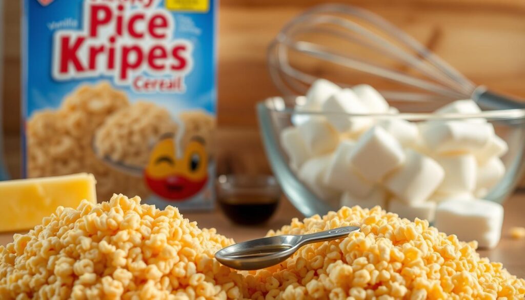 A still life photograph of the essential ingredients for making classic rice krispie treats, shot in natural daylight with a shallow depth of field. In the foreground, a pile of crispy rice cereal, a stick of melted butter, and a measuring spoon of vanilla extract. In the middle ground, a glass bowl of fluffy marshmallows and a box of rice krispie cereal. In the background, a wooden cutting board and a wire whisk, conveying the simple, homemade feel of the recipe. The lighting is soft and warm, highlighting the golden-brown tones of the melted butter and the puffiness of the marshmallows. The overall mood is cozy, inviting, and reminiscent of childhood nostalgia. A still life photograph of the essential ingredients for making classic rice krispie treats, shot in natural daylight with a shallow depth of field. In the foreground, a pile of crispy rice cereal, a stick of melted butter, and a measuring spoon of vanilla extract. In the middle ground, a glass bowl of fluffy marshmallows and a box of rice krispie cereal. In the background, a wooden cutting board and a wire whisk, conveying the simple, homemade feel of the recipe. The lighting is soft and warm, highlighting the golden-brown tones of the melted butter and the puffiness of the marshmallows. The overall mood is cozy, inviting, and reminiscent of childhood nostalgia.