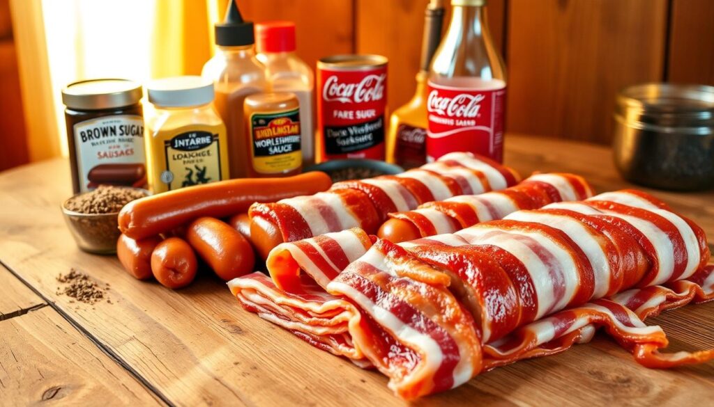 ingredients for bacon wrapped sausages