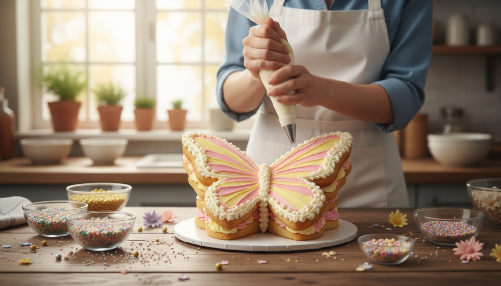 decorating butterfly cake with frosting and piping