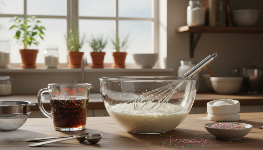 preparing soda cake batter